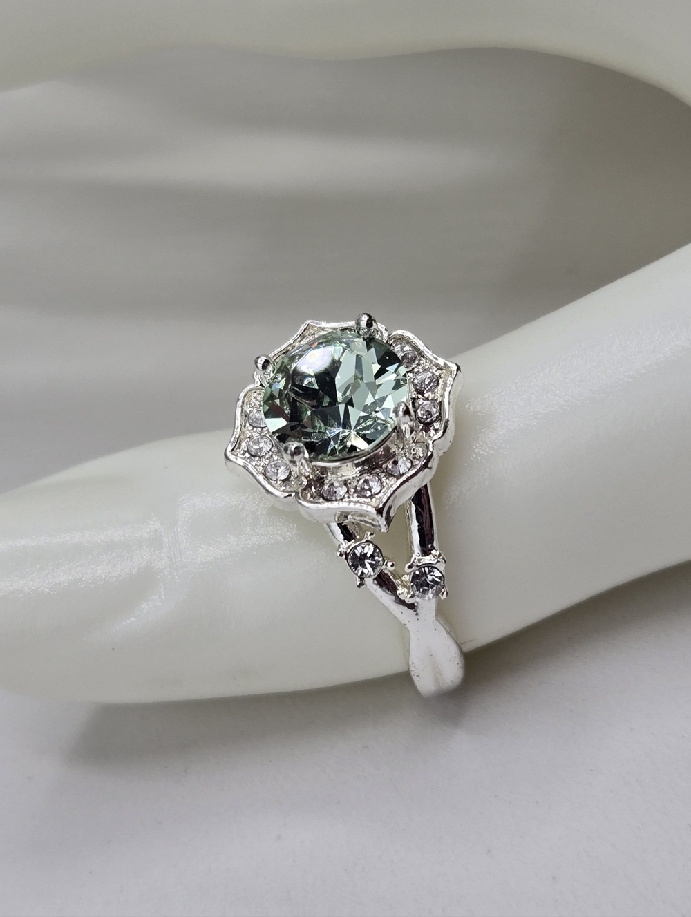 Swarovski Silver Ring with Teal Center Crystal and Clear Halo - Picture 3 of 6